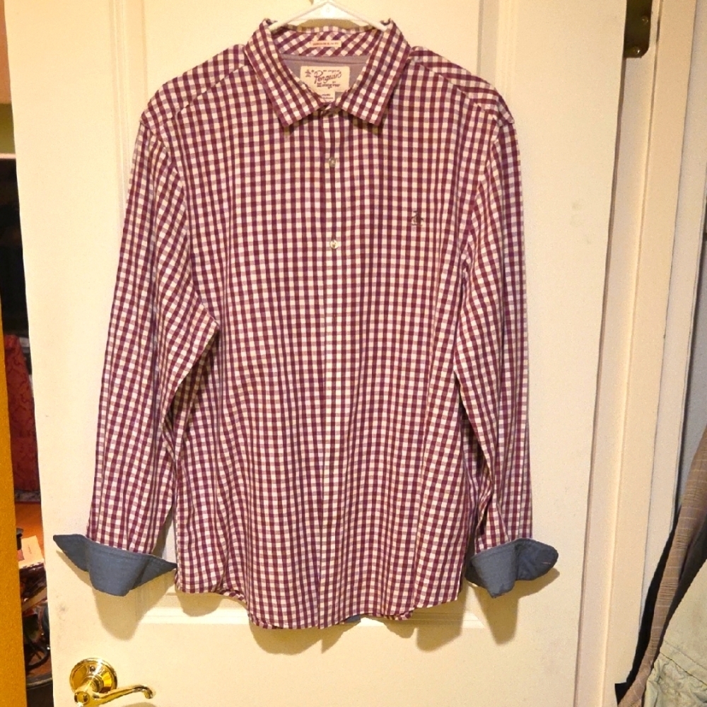 Penguin By Munsingswear Burgundy‎ and Blue Checkered Shirt Size XL Slim fit...